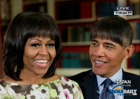 奥巴马自爆搞怪图片,第一夫人米歇尔的齐刘海发型到了总统头上